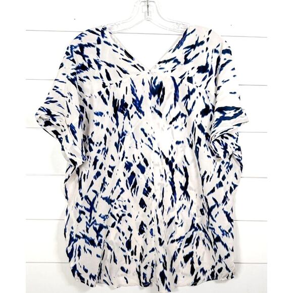 Cynthia Rowley Abstract Print V-Neck Semi-Sheer Blouse Blue White Medium - Picture 8 of 10